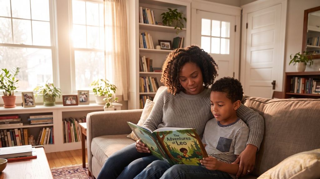 Parent on a sofa listening while a school-age child reads a short page aloud.