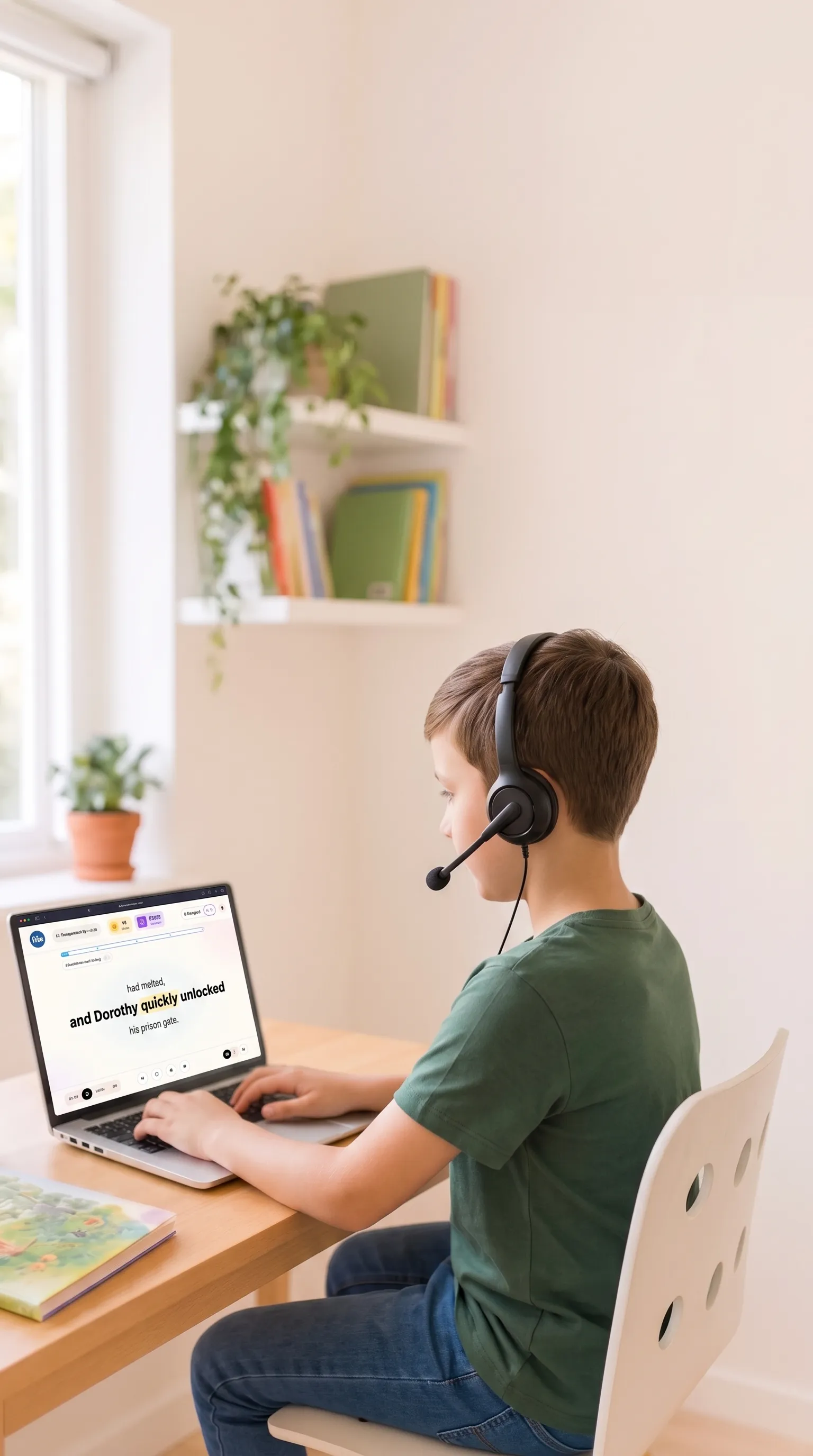 A boy wearing headphones at a laptop, reading a sentence on the PELE screen with the current word highlighted