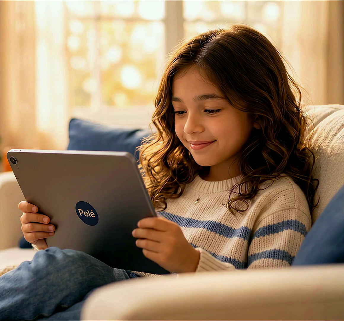 A girl on a sofa at home, smiling as she reads on a tablet running the PELE reading app